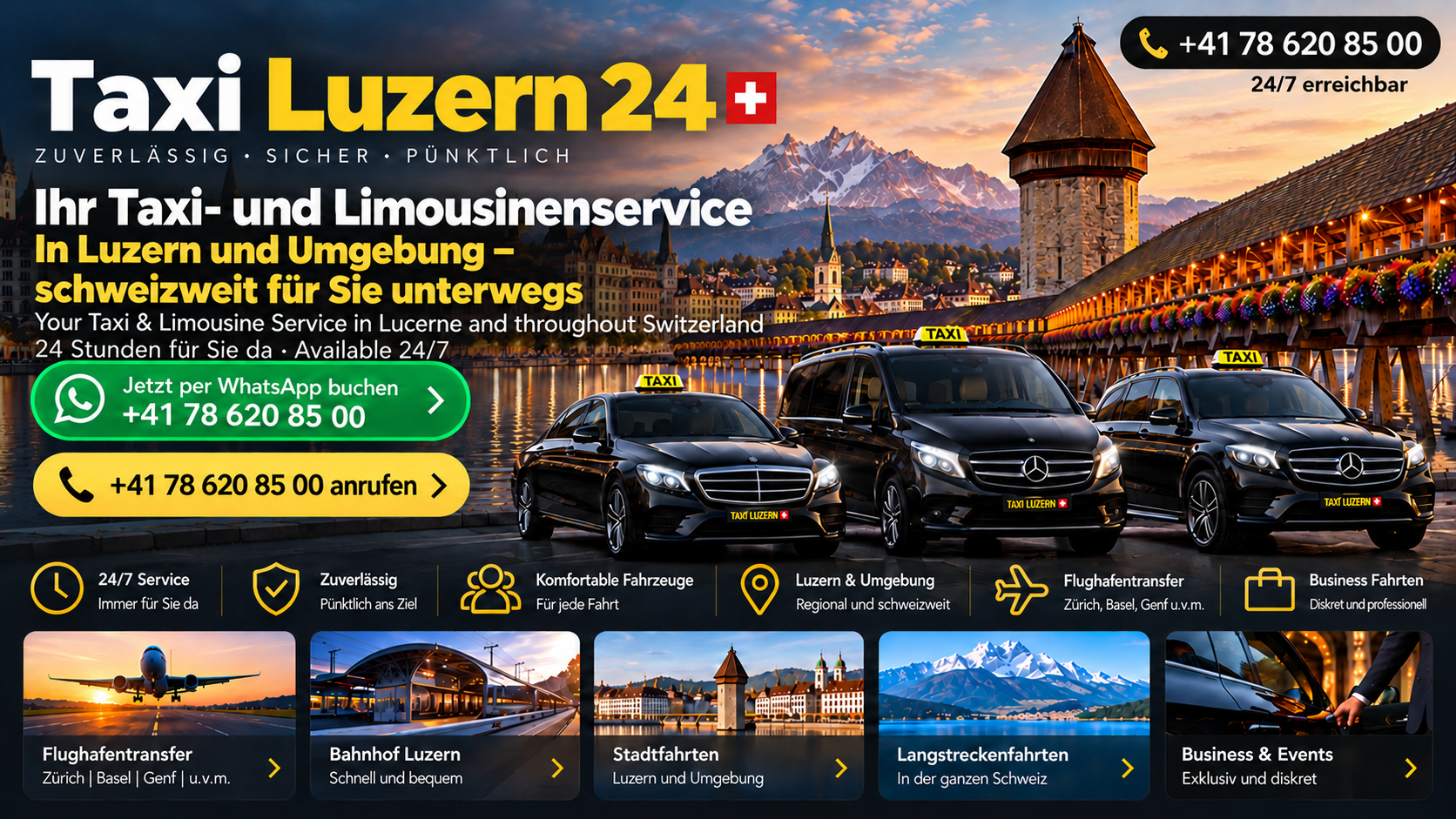 Taxi Luzern 24 – Ihr Taxi- und Limousinenservice in Luzern und Umgebung, schweizweit für Sie unterwegs. Your Taxi & Limousine Service in Lucerne and throughout Switzerland.